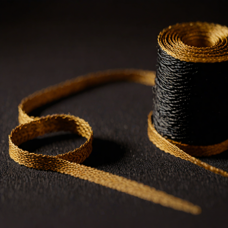 Spool of black thread with gold ribbon curling across charcoal fabric