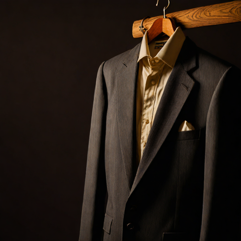 Pressed suit jacket on a wooden hanger in warm light