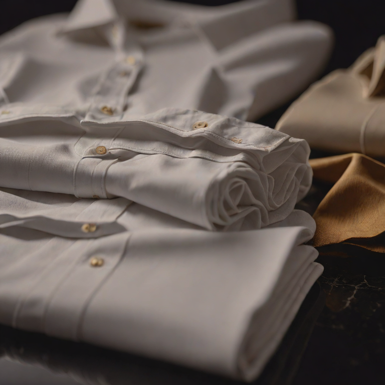 Crisp folded white dress shirts on a dark counter